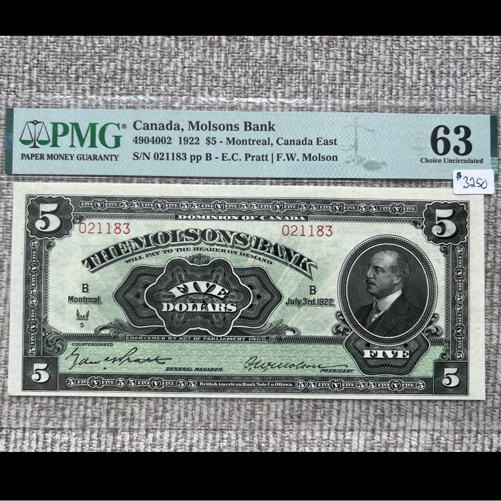 Authentic PMG graded $5 1922 Molsons Bank Banknote- Collectable